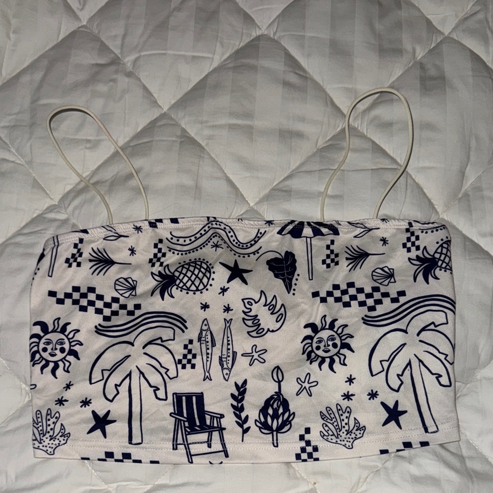 White and Blue Graphic Crop Top